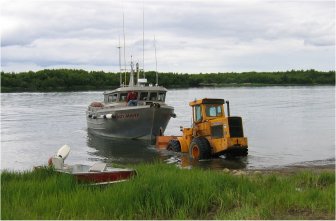 Launching
Not your average boat launch!  John Duran, owner of Charlie's boat storage, launches us right off the bank of the Naknek river.  When we haul out we just have to drive onto the trailer and he hauls us right out.
