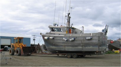 How we get in and out of the water.
We winter the boats at Charlie's boat storage.  The storage yard is at King Salmon, 18 miles up the Naknek river which empties into Bristol Bay.  No navigational aids!! and 24 foot tides!!
