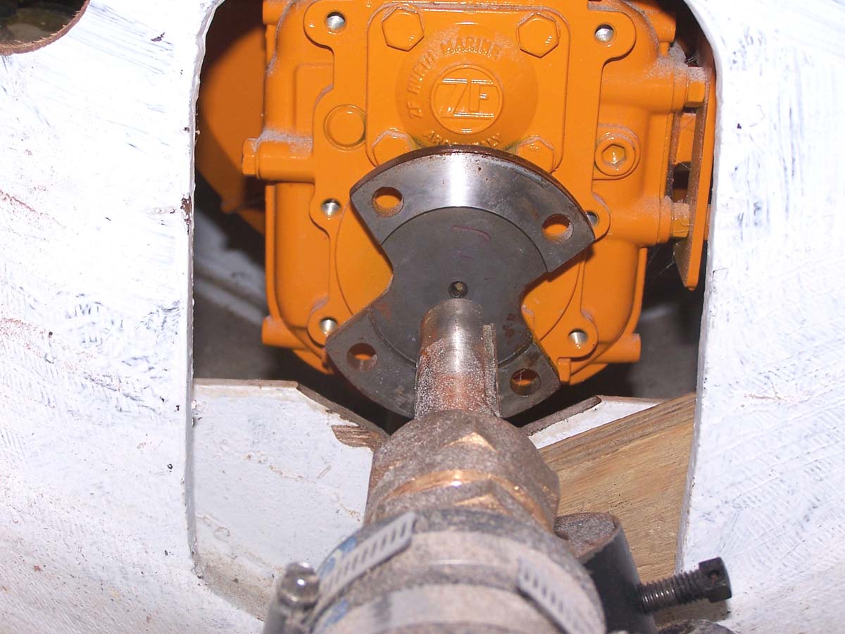 View of transmission and propeller shaft line up
