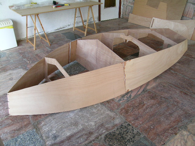 Hull ready to stitch, bow view
Hull with all frames nailed, ready to apply bottom panels and stitch
