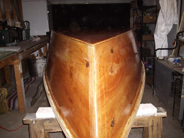 Bow view, port side and bottom now have 2nd coat of epoxy.
