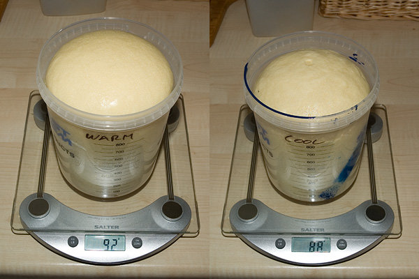 Foam temparature comparison.
Foam on left was about 40-45ºC when mixed (very warm to touch), foam on right was about 5-8ºC when mixed, and weighs a bit less (I wasn't very precise in measuring out), so I think temparature doesn't have much effect on final volume.

