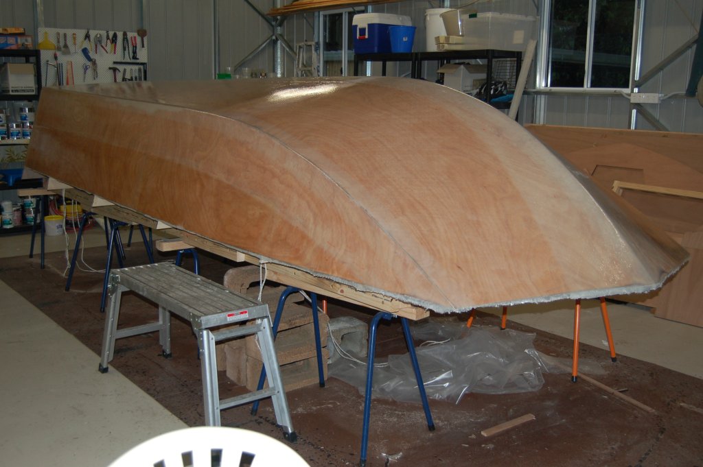 Outside laminations all complete, now ready for fairing and then painting.
