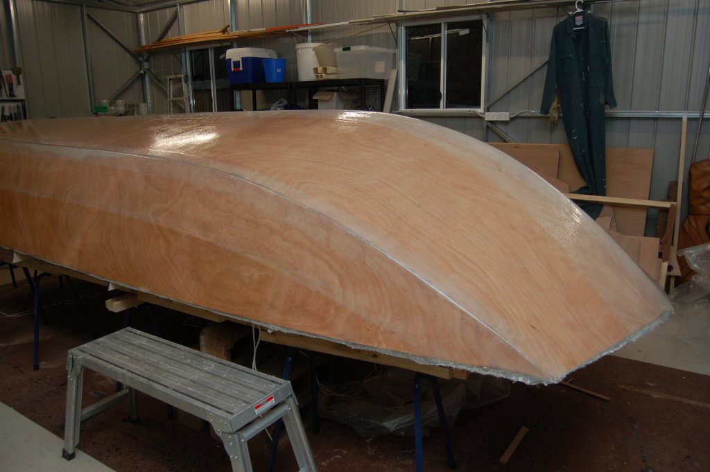 Outside laminations all complete, now ready for fairing and then painting.
