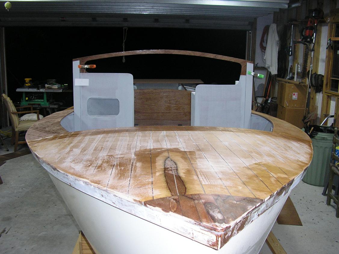Bow view. The foredeck piece cracked along one of the saw kerfs and had to be ground fair.
