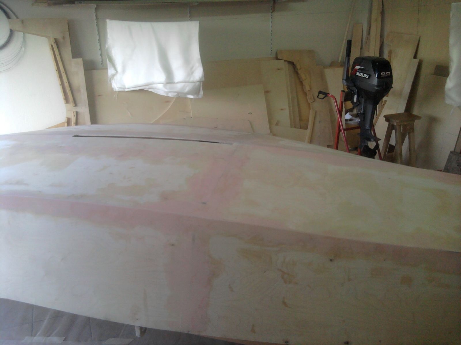 A better photo of the hull after sanding the initial filler before laying out the fiberglass  
