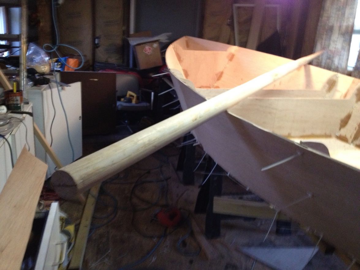 Quick Shot of Mast before final sanding and glassing
Mast before final sanding and glassing.
Made from 4 @ 2x4x8 hemp fir, as clear as I could find.
Scarfed together with 12 inch scarf.
Glued together, cut down to size, planned to 32 sides, then sanded.

